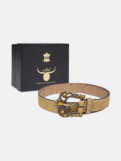 Premium Tan Leather Studded Belt for Women with Embellished Antique Gold Buckle