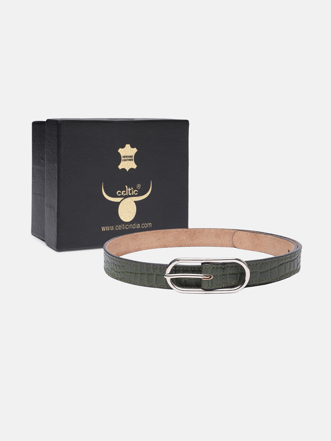 Premium Green Croco Texture Leather Belt for Women with Silver Buckle