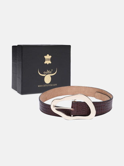 Premium Brown Croco Texture Leather Belt for Women with Gold Buckle
