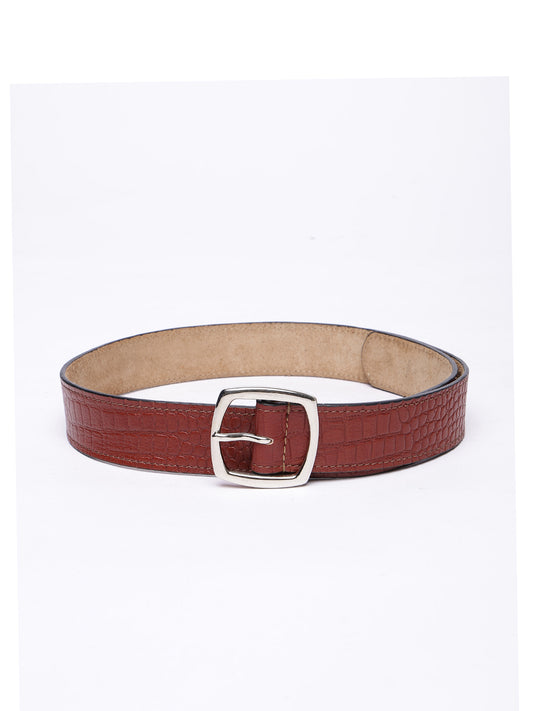 Premium Red Croco Texture Leather Belt for Women with Silver Buckle