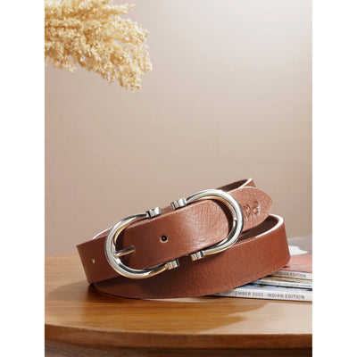 Women Premium Brown Leather Belt With Antique Brass Buckle For Casual Formal Wear