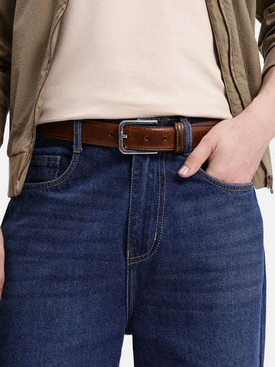 Unisex Classic Black Leather Formal Belt With Silver Buckle For Office Daily Wear