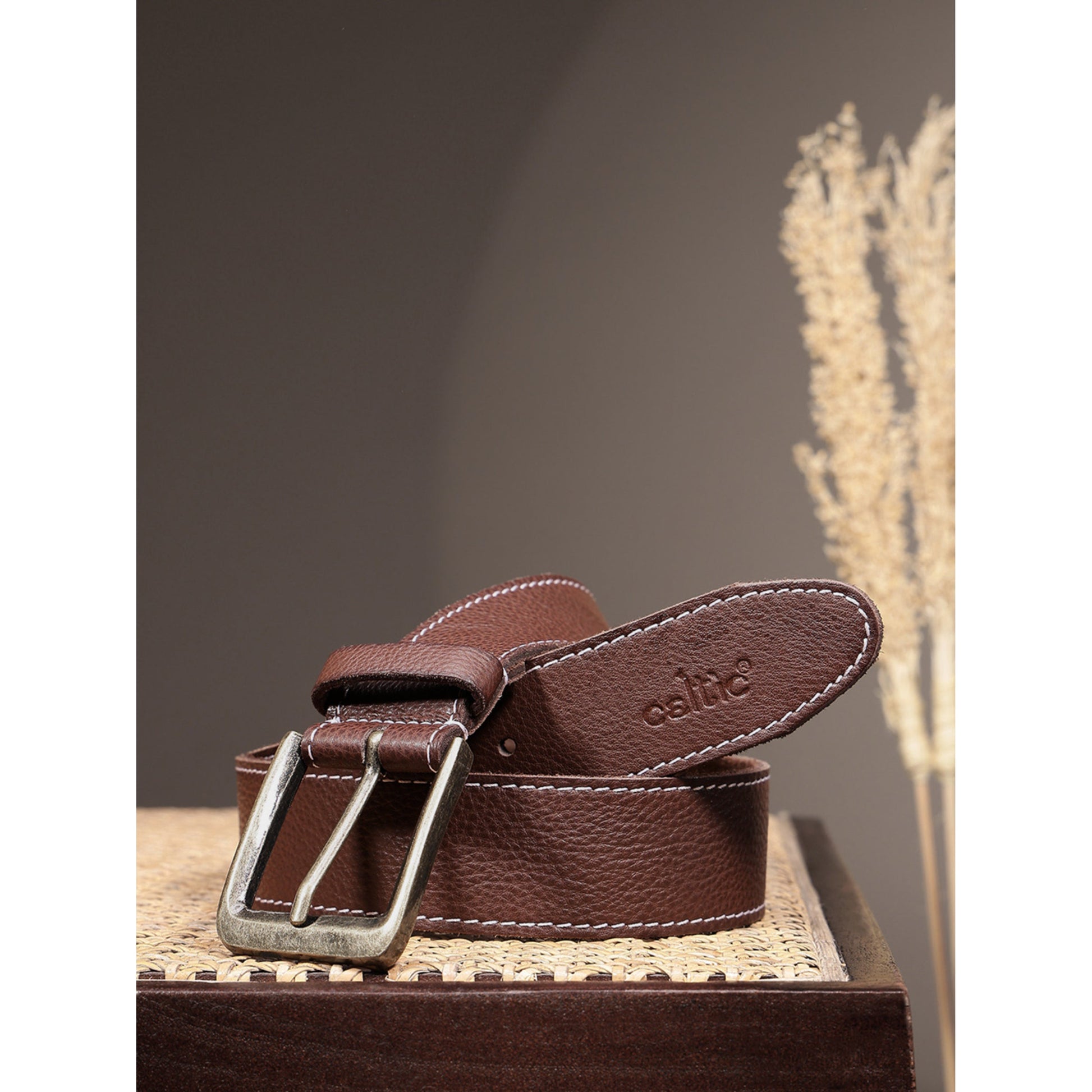 Women Genuine Leather Tan Belt Silver Buckle Contrast Stitching Casual Formal