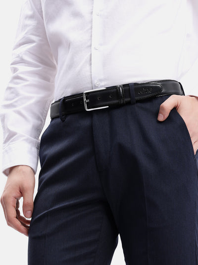 Unisex Classic Black Leather Formal Belt With Silver Buckle For Office Daily Wear