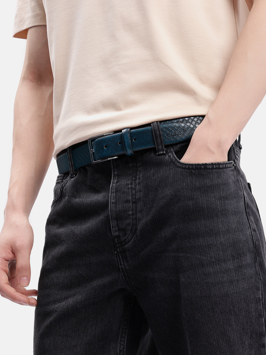 Men Textured Blue Leather Belt with Diamond Pattern Finish and Polished Silver Buckle