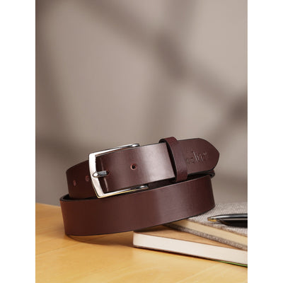 Unisex Genuine Leather Dark Brown Waist Accessory Chrome Buckle Formal Casual Style