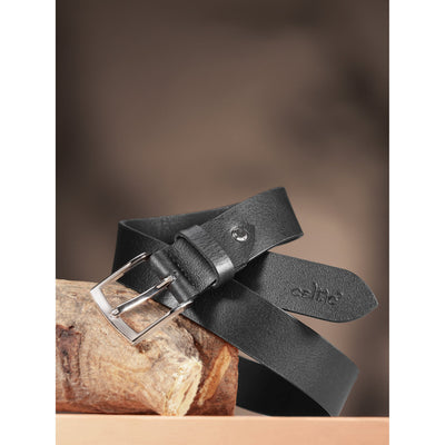 Unisex Genuine Leather Black Waist Accessory Chrome Buckle Formal Casual Style