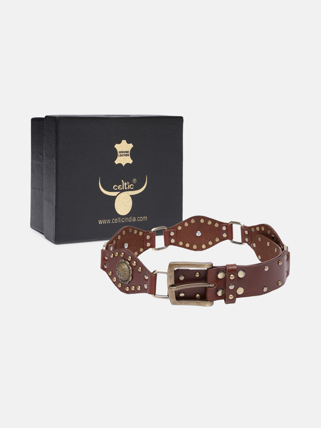 Premium Cognac Brown LeatherUnisex Golden Studded Belt