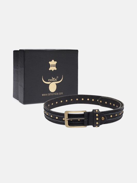 Premium Black Leather Studded Belt | Multi-Layer Design with Gold-Tone Buckle