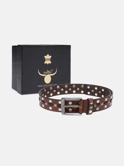 Premium Light Brown Leather Studded Belt | with Antique Silver Buckle