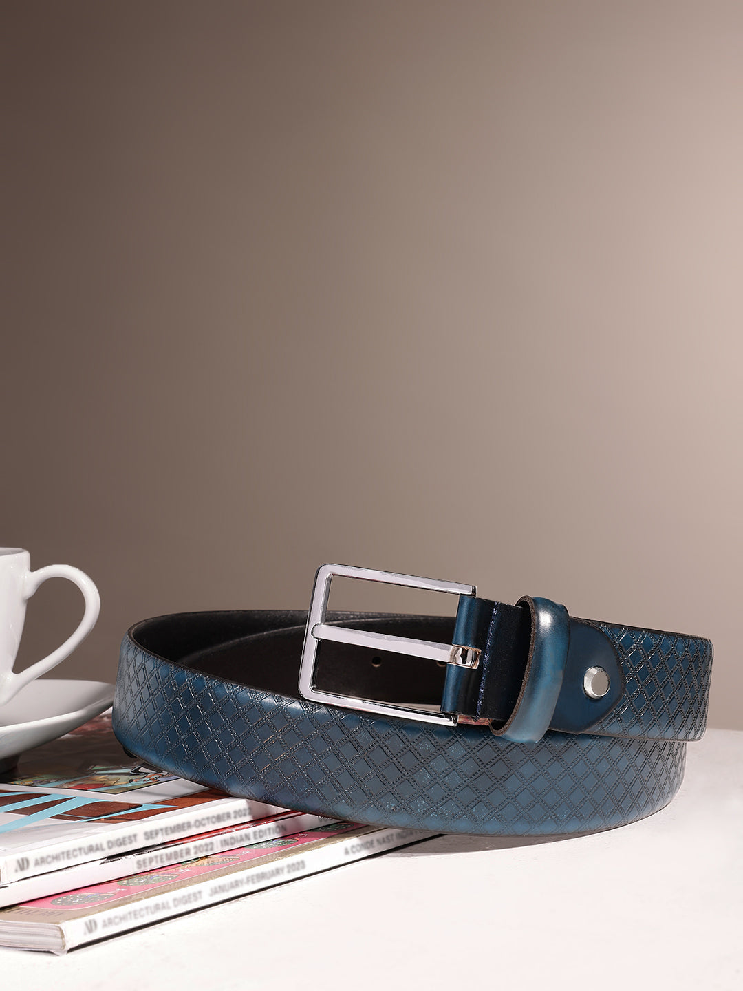 Men Textured Blue Leather Belt with Diamond Pattern Finish and Polished Silver Buckle