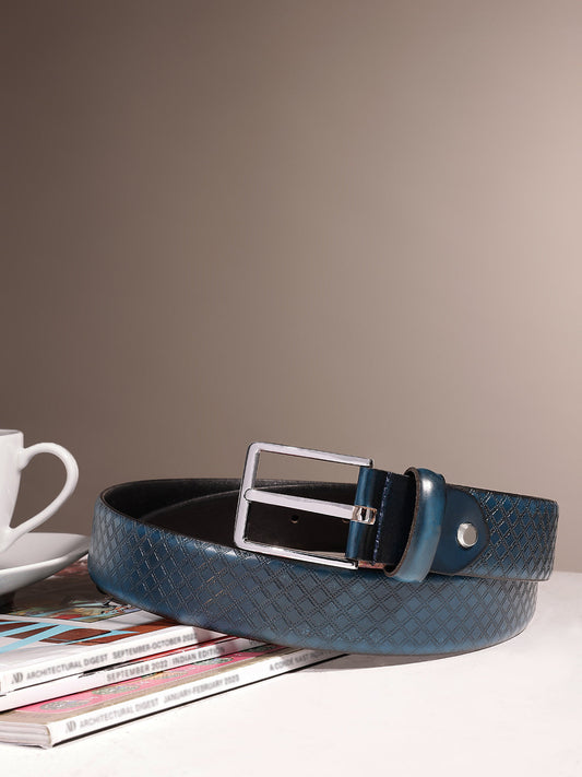 Men Textured Blue Leather Belt with Diamond Pattern Finish and Polished Silver Buckle