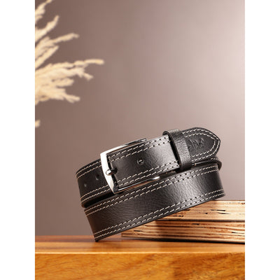 Unisex Genuine Leather Black belt Contrast Stitching Chrome Buckle Casual Formal
