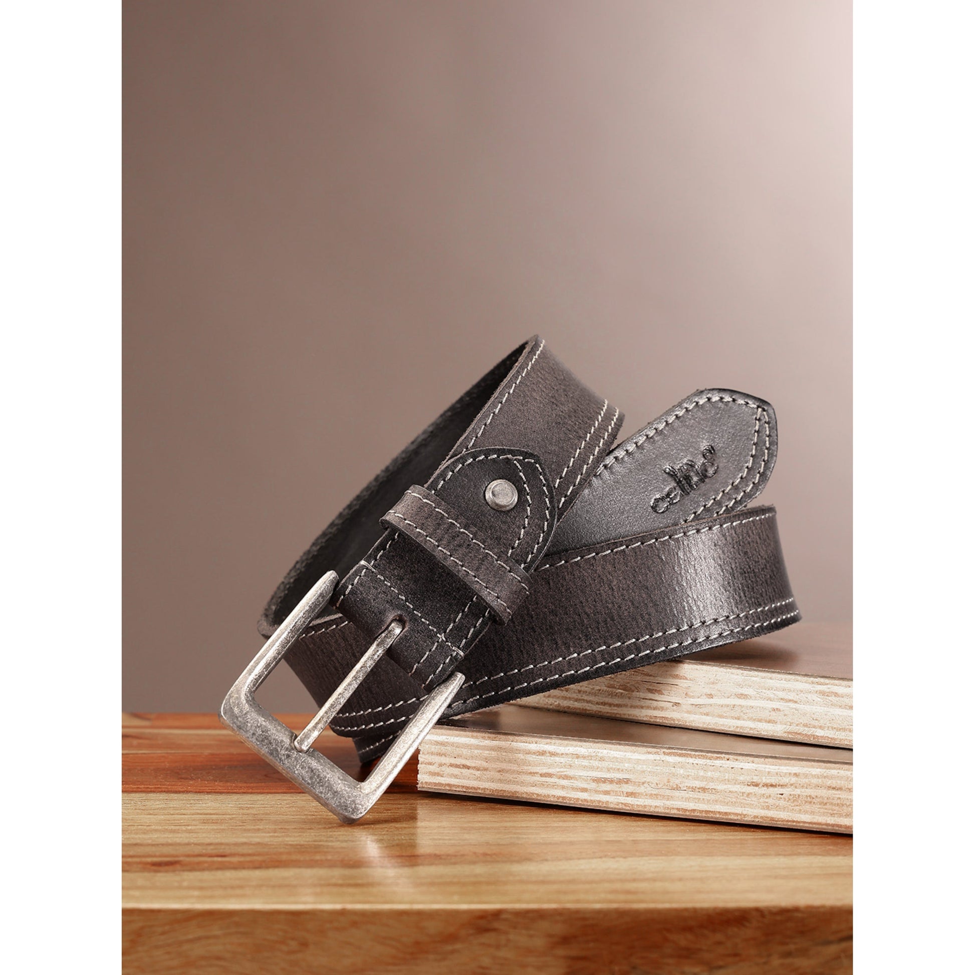 Unnisex Genuine Leather Black Waist Accessory Double Stitching Antique Buckle Casual Formal