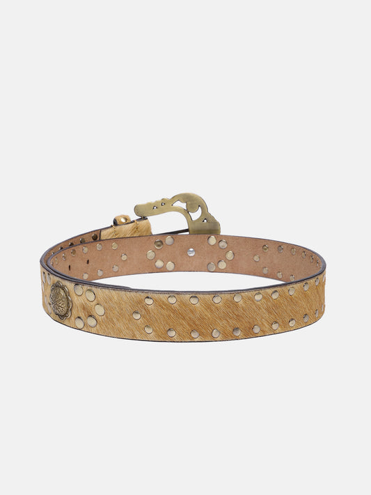 Premium Tan Leather Studded Belt for Women with Embellished Antique Gold Buckle