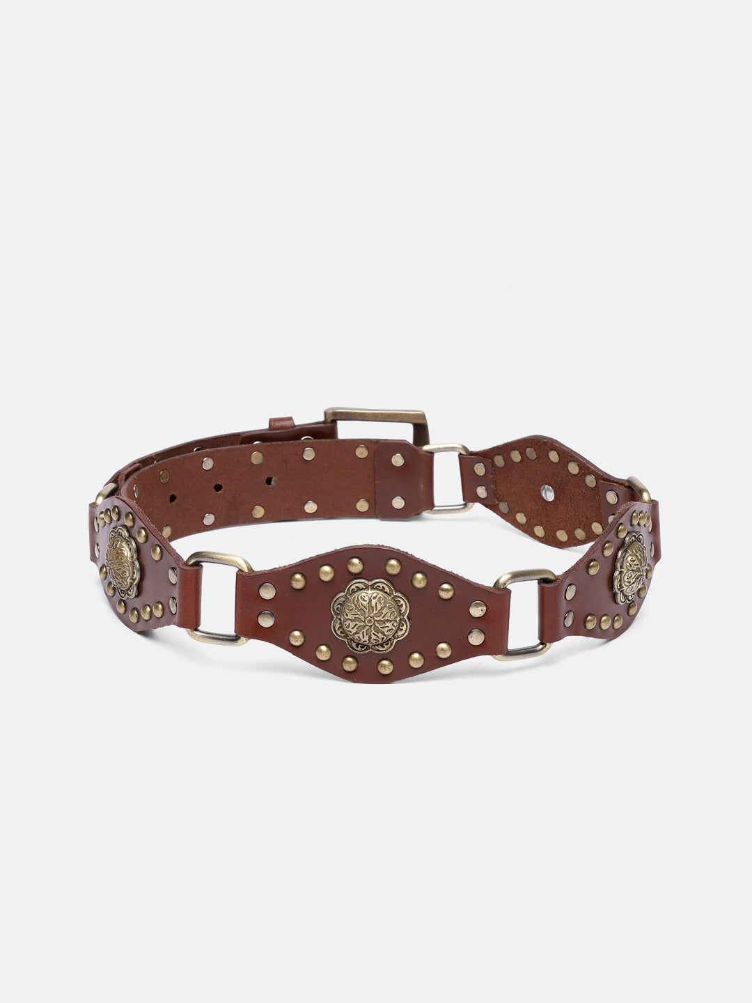 Premium Cognac Brown LeatherUnisex Golden Studded Belt