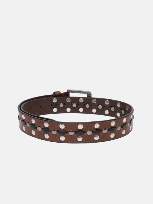 Premium Light Brown Leather Studded Belt | with Antique Silver Buckle