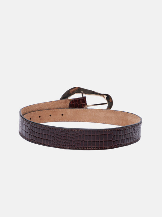 Premium Brown Croco Texture Leather Belt for Women with Gold Buckle