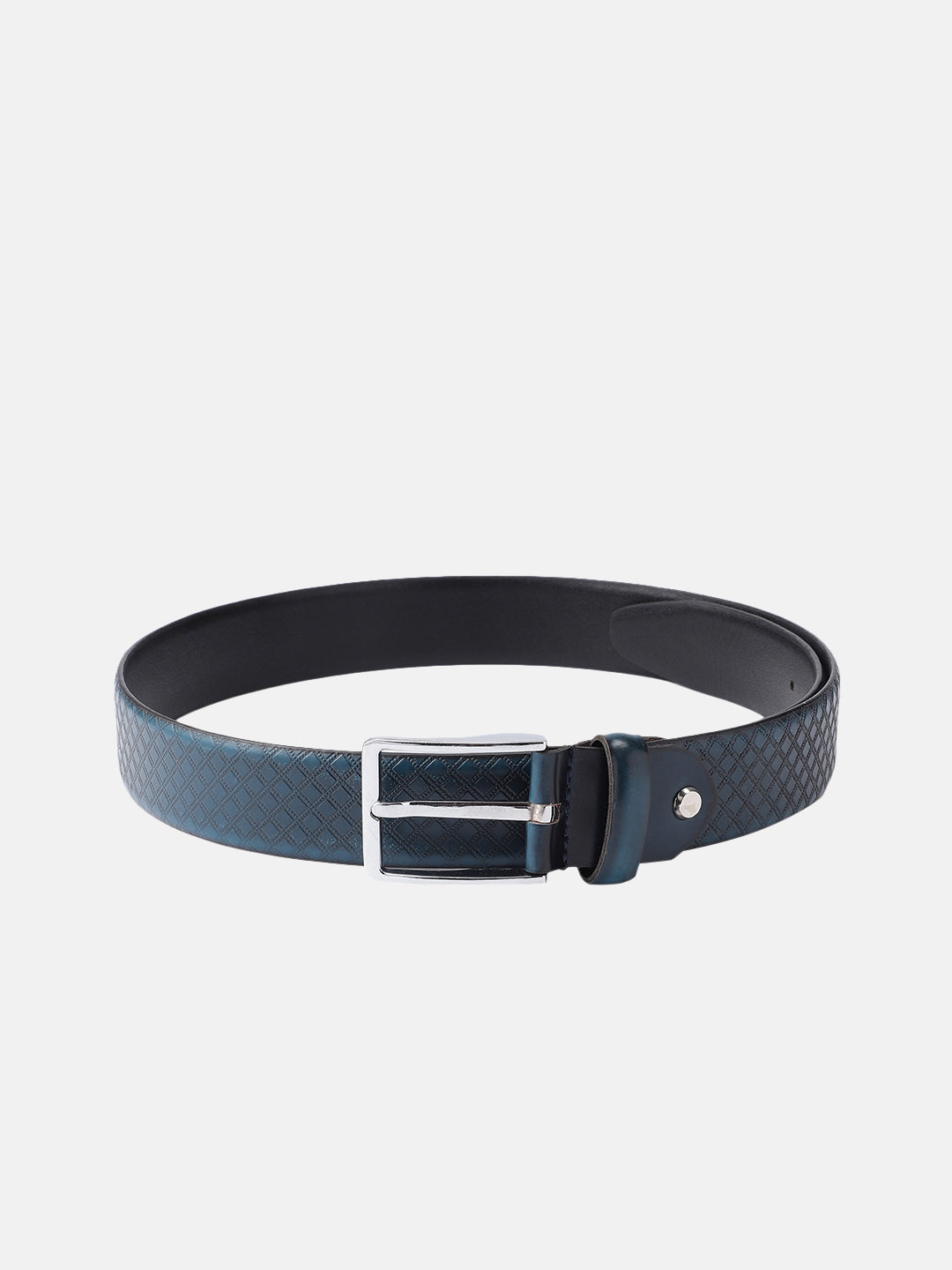 Men Textured Blue Leather Belt with Diamond Pattern Finish and Polished Silver Buckle