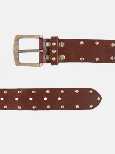 Premium Cognac Brown LeatherUnisex Golden Studded Belt