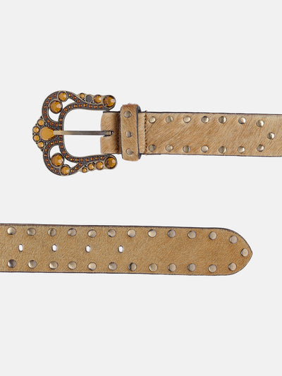 Premium Tan Leather Studded Belt for Women with Embellished Antique Gold Buckle