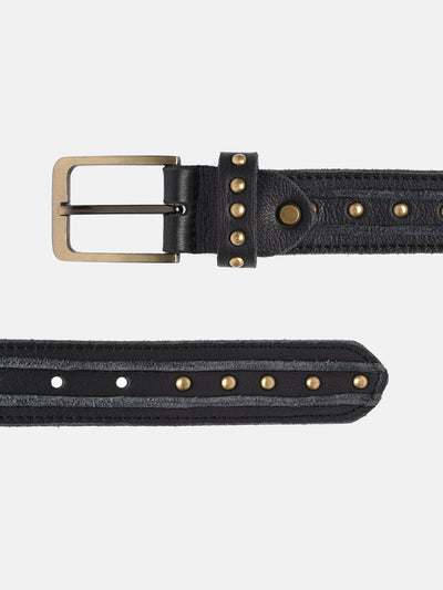 Premium Black Leather Studded Belt | Multi-Layer Design with Gold-Tone Buckle