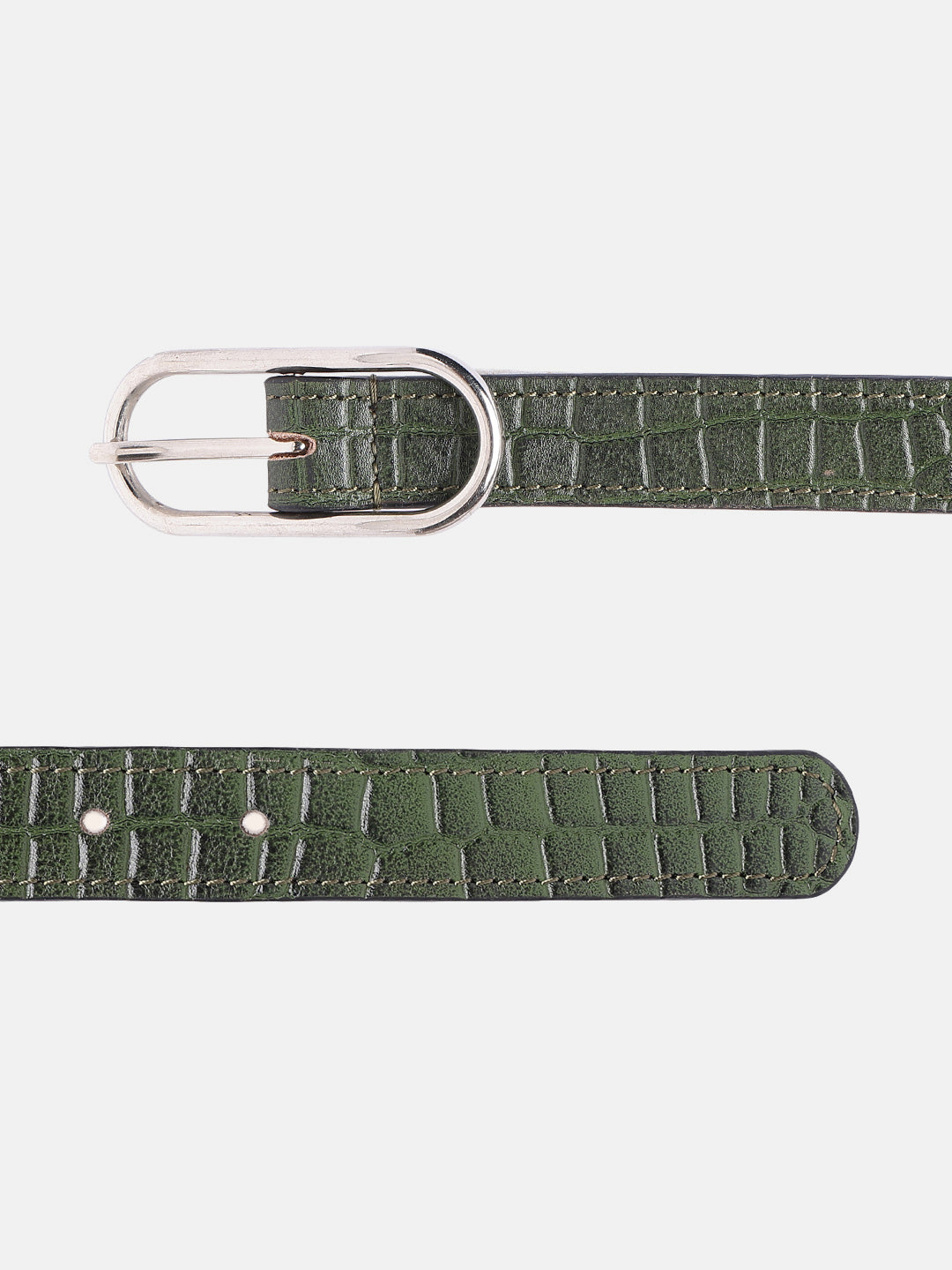Premium Green Croco Texture Leather Belt for Women with Silver Buckle