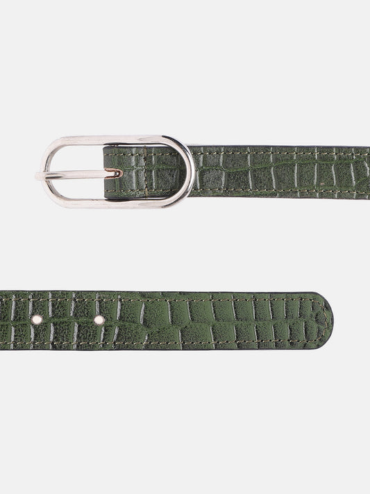 Premium Green Croco Texture Leather Belt for Women with Silver Buckle
