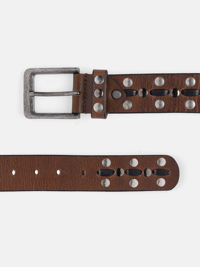 Premium Light Brown Leather Studded Belt | with Antique Silver Buckle