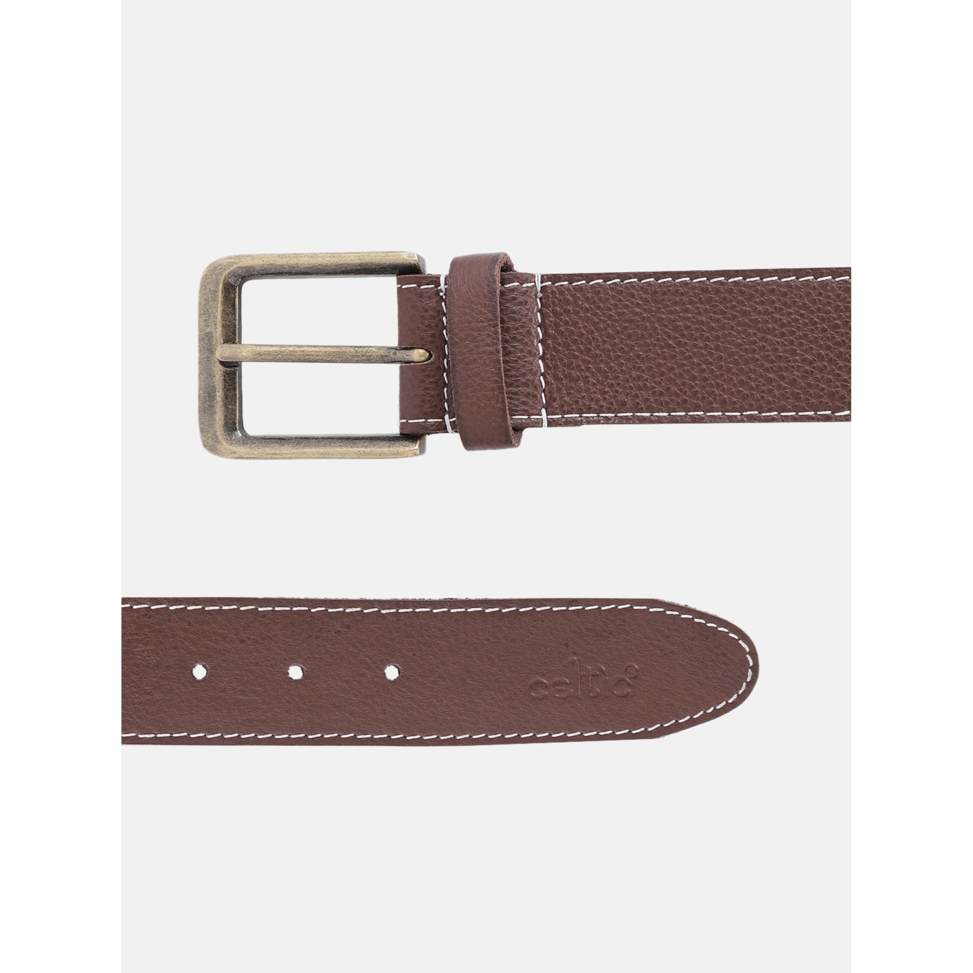 Women Genuine Leather Tan Belt Silver Buckle Contrast Stitching Casual Formal