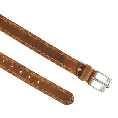 Unisex Genuine Leather Casual Brown Belt With Double Stitching And Classic Metal Buckle