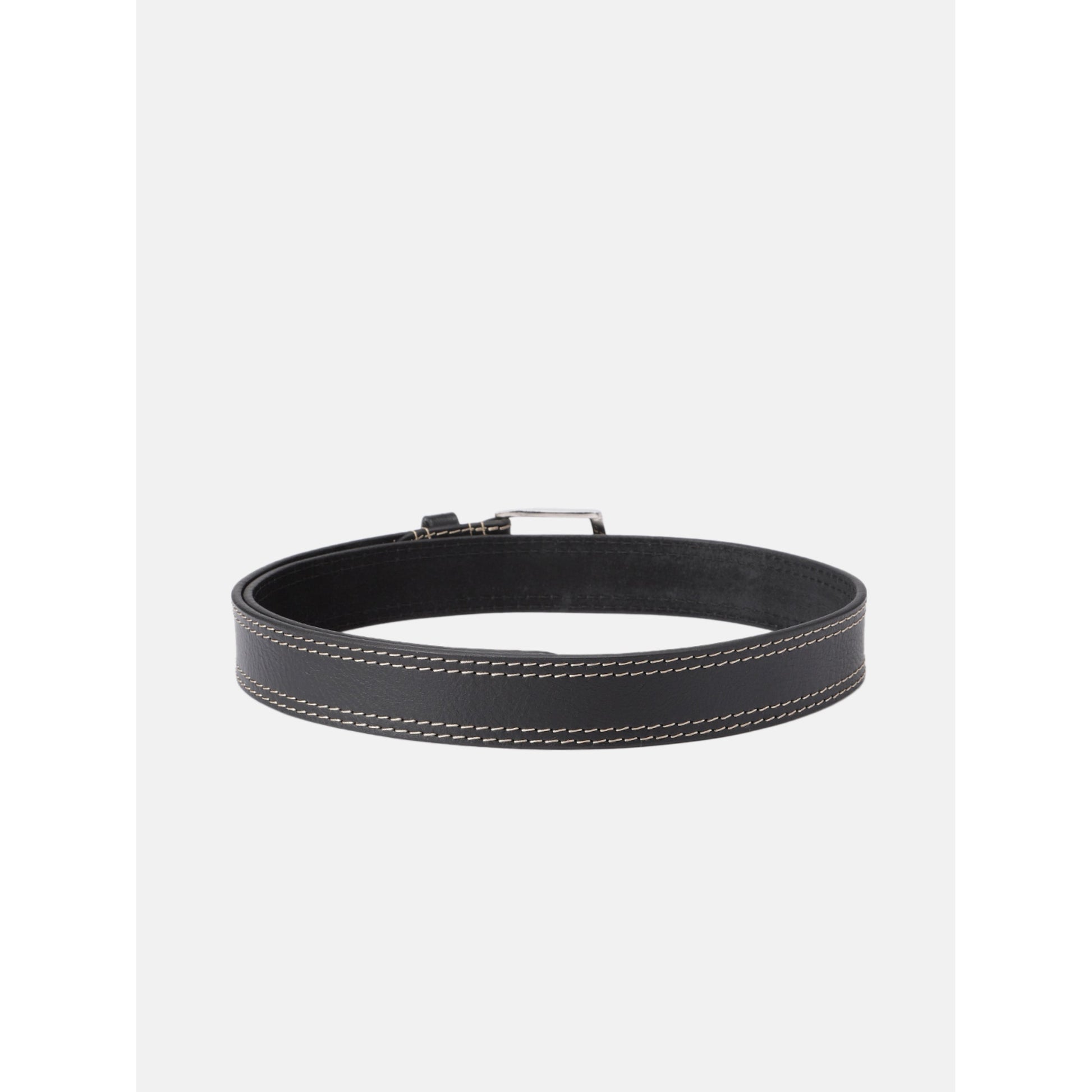 Unisex Genuine Leather Black belt Contrast Stitching Chrome Buckle Casual Formal