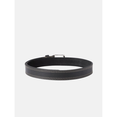 Unisex Genuine Leather Black belt Contrast Stitching Chrome Buckle Casual Formal