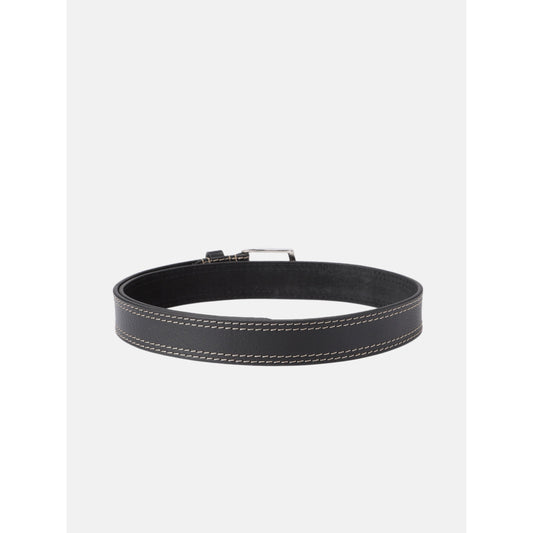 Unisex Genuine Leather Black belt Contrast Stitching Chrome Buckle Casual Formal