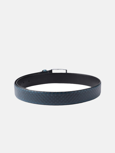 Men Textured Blue Leather Belt with Diamond Pattern Finish and Polished Silver Buckle