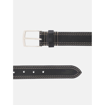 Unisex Genuine Leather Black belt Contrast Stitching Chrome Buckle Casual Formal