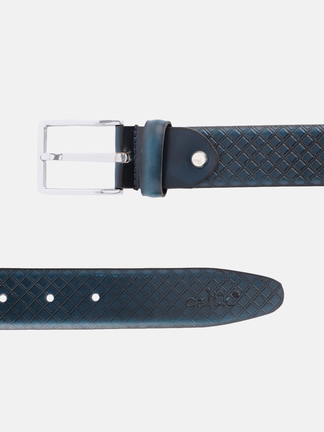 Men Textured Blue Leather Belt with Diamond Pattern Finish and Polished Silver Buckle