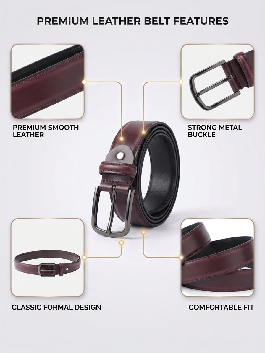 Unisex Classic Black Leather Formal Belt With Silver Buckle For Office Daily Wear