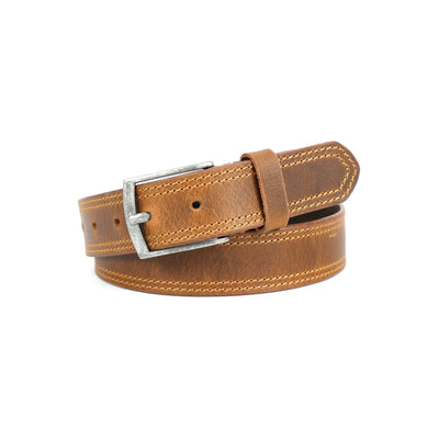Unisex Genuine Leather Casual Brown Belt With Double Stitching And Classic Metal Buckle