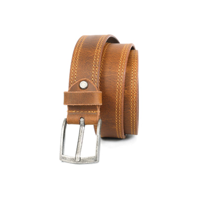 Unisex Genuine Leather Casual Brown Belt With Double Stitching And Classic Metal Buckle