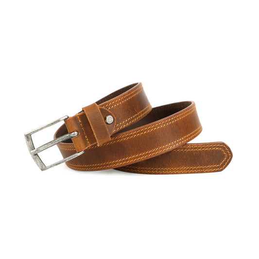 Unisex Genuine Leather Casual Brown Belt With Double Stitching And Classic Metal Buckle