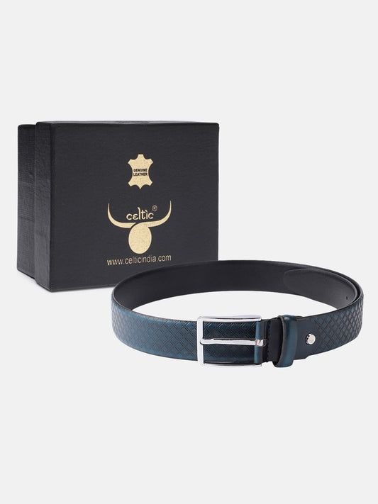Men Textured Blue Leather Belt with Diamond Pattern Finish and Polished Silver Buckle
