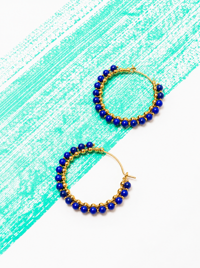 Small Wire Wrapped Hoop Earrings with Black Crystal Beads