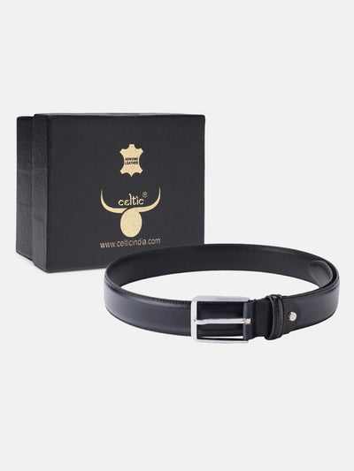 Unisex Classic Black Leather Formal Belt With Silver Buckle For Office Daily Wear