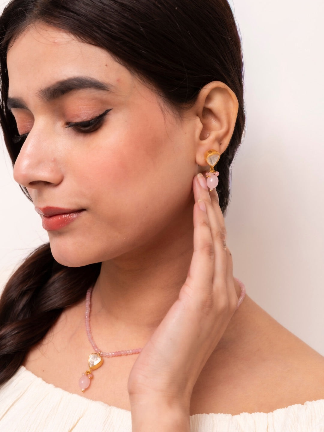 Gold Plated Rose Quartz Silver Jewellery Set