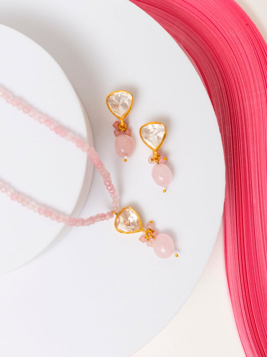 Gold Plated Rose Quartz Silver Jewellery Set