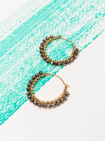 Small Wire Wrapped Hoop Earrings with Black Crystal Beads