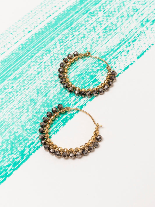 Small Wire Wrapped Hoop Earrings with Black Crystal Beads