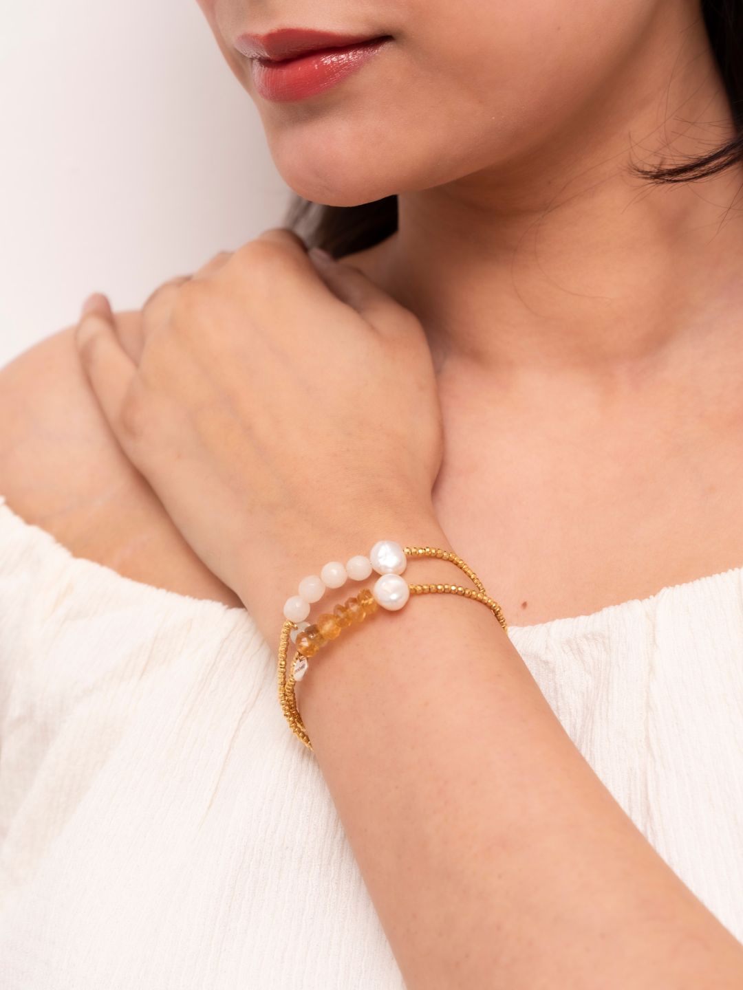 Arrabela White Jade & Citrine Wire Work Bracelets (Pair)