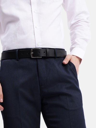 Unisex Genuine Leather Black Waist Accessory Chrome Buckle Formal Casual Style